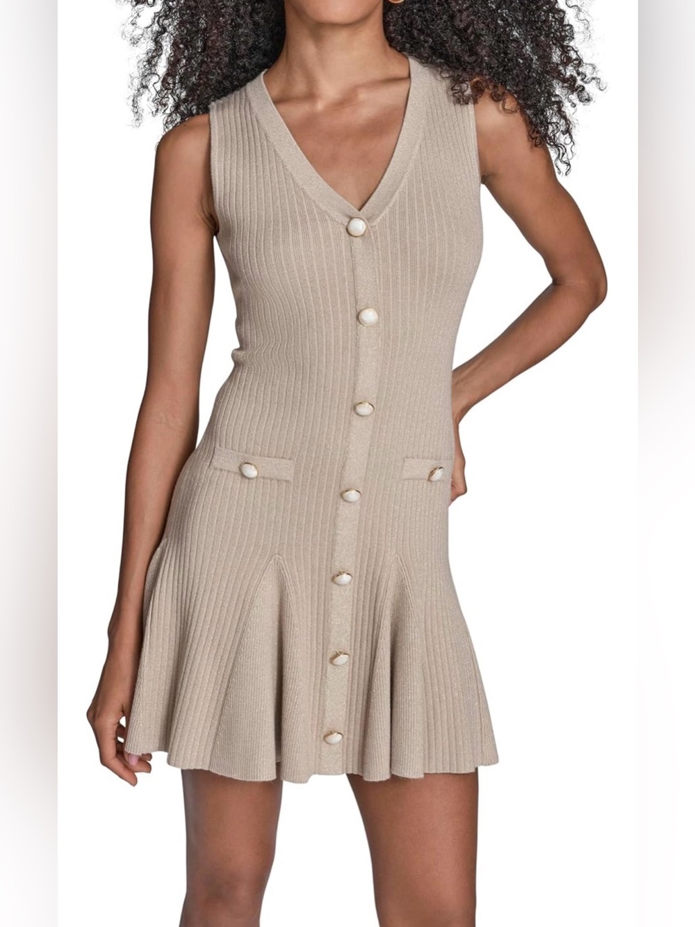BCBG Women's Sleeveless V-Neck Button Front Pleated Knit A-line Mini Dress